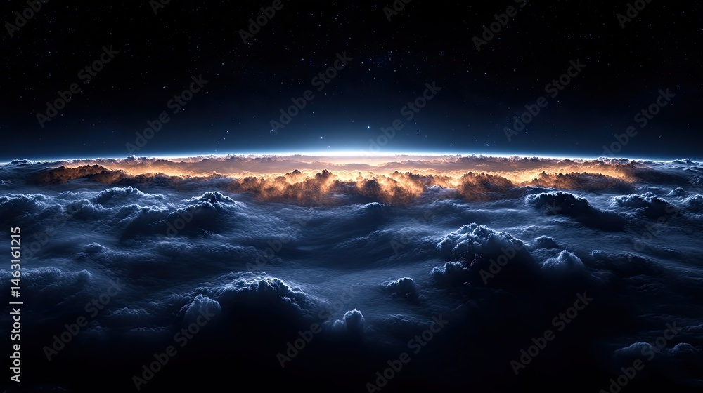 Naklejka premium A stunning view of a cosmic horizon above a sea of clouds illuminated by soft light.