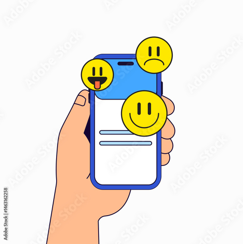 Hand holding a smartphone displaying various expressive emojis cartoon vector hand drawn illustration for digital communication, social media reactions, and modern emotional