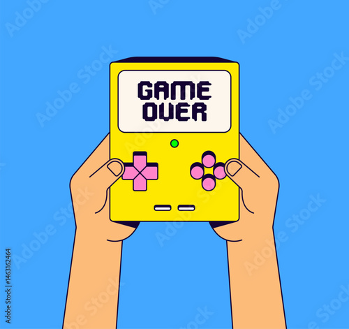 Retro Handheld Console with Game Over Screen Cartoon Hand Drawn