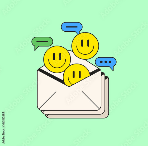 Open envelope filled with yellow smiley faces and colorful chat bubbles cartoon vector hand drawn illustration for digital communication, positive messaging, and lighthearted conversations