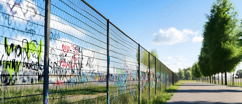 Fototapeta premium Graffiti Covered Metal Fence By Trees With Sunny Sky