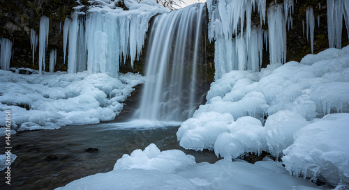 Frozen Waterfall Majesty Breathtaking Winter Cascade Scene With Icicles And Snow
