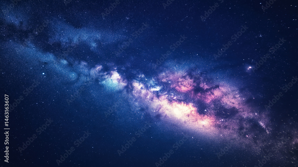 Fototapeta premium Panorama view of the Milky Way galaxy shining brightly in the vast night sky