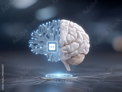 Digital brain concept, futuristic split design showing human and AI integration, symbolizes technology and innovation.