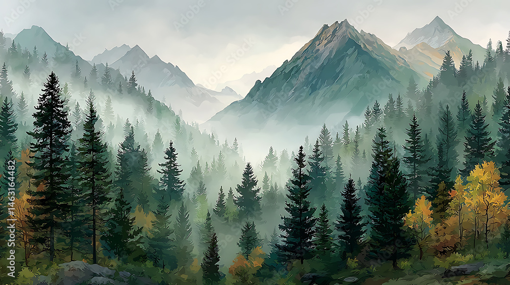 Fototapeta premium Misty Mountain Forest Vista