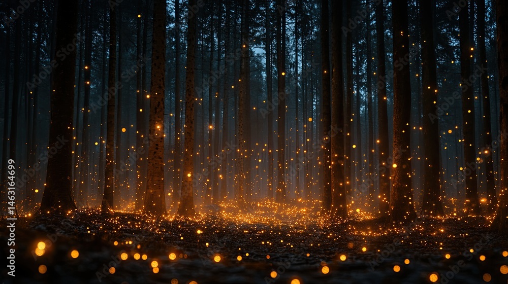Naklejka premium Enchanting forest at night, lit by bioluminescent fireflies