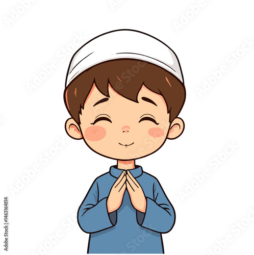A cute cartoon illustration of a young Muslim boy wearing a skullcap and praying with a joyful expression.