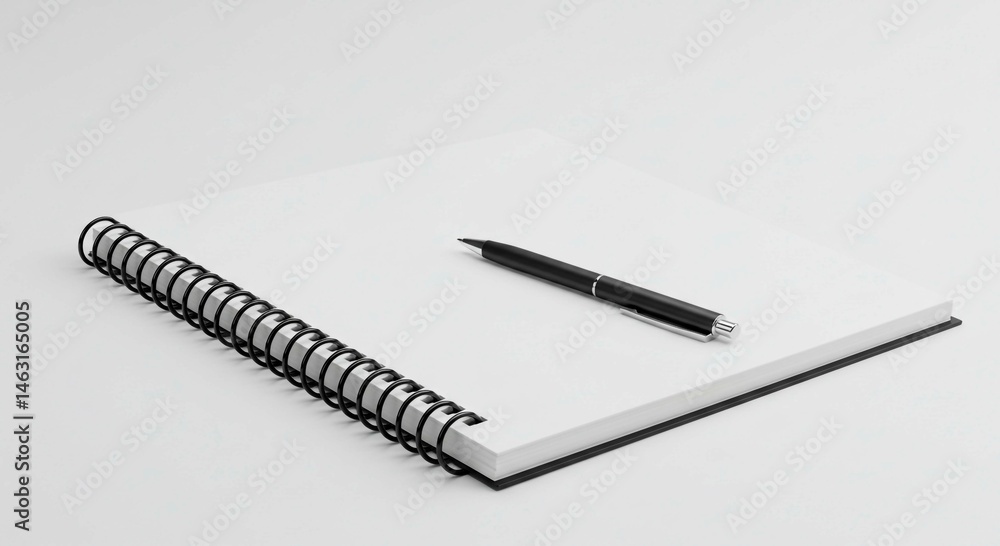 A black pen resting on a white spiral notebook against a plain white background in a studio shot A black pen resting on a white spiral notebook against a plain white background in a studio shot