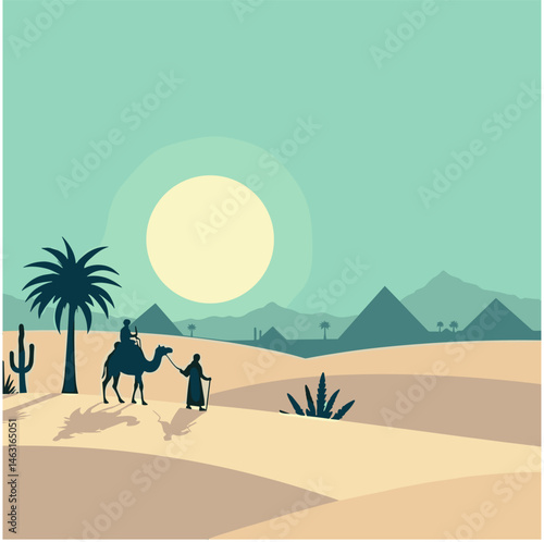 A serene desert landscape with camels and figures silhouetted against the setting sun, possibly evoking journeys or historical Islamic contexts.