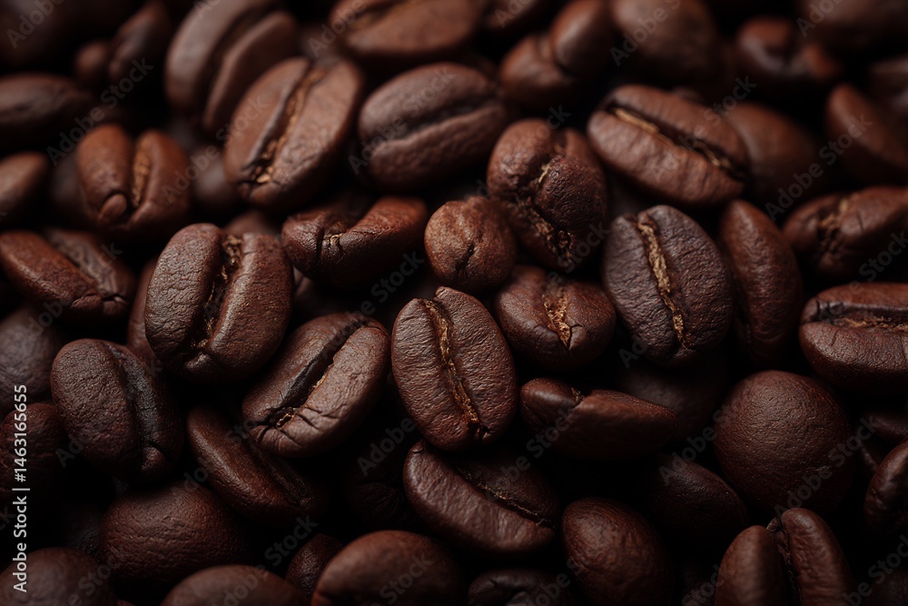 Fototapeta premium Aromatic pile of roasted coffee beans, close-up of natural energetic ingredients