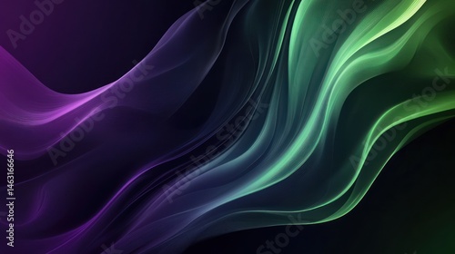 Abstract design with flowing, vibrant purple and green lines on a dark background.