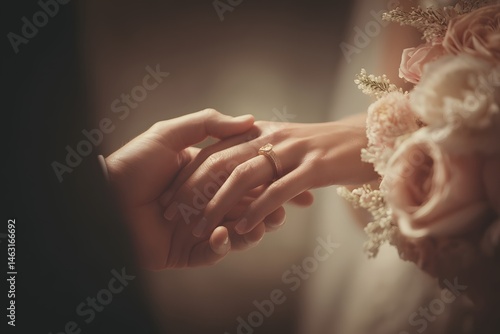 Eternal Bond: A Tender Moment: A couple shares an intimate embrace on their wedding day. Focus on their hands with a wedding ring, intertwined with a beautiful bouquet of flowers and soft.