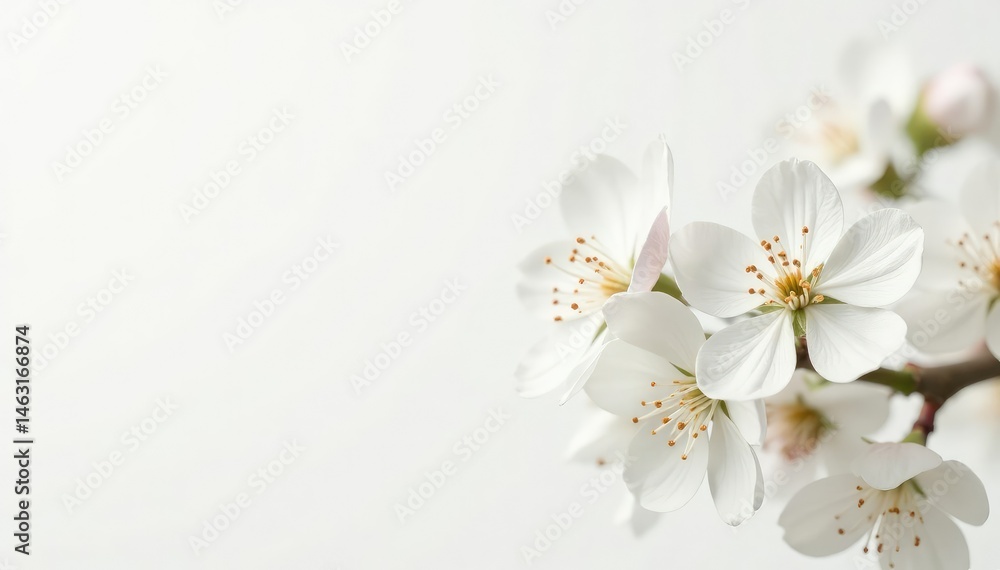 Obraz premium Delicate white blossoms against pure white backdrop, isolated, white background, image