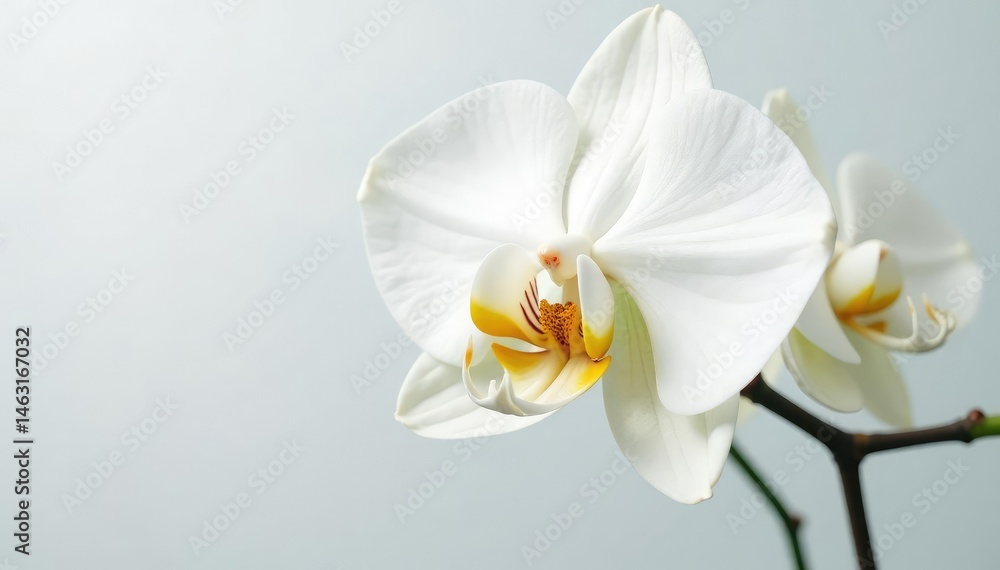 Fototapeta premium Delicate white orchid blossom, pristine petals against pure backdrop, beauty, stock photo, white background