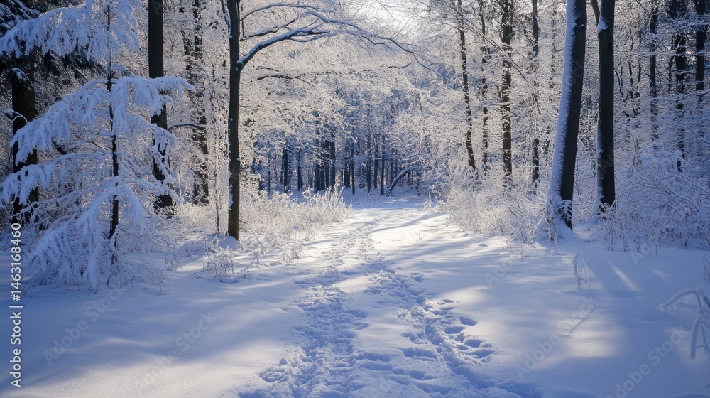 Serene Winter Forest Path Adorned with Fresh Snow and Sunlight Patterns Serene Winter Forest Path Adorned with Fresh Snow and Sunlight Patterns