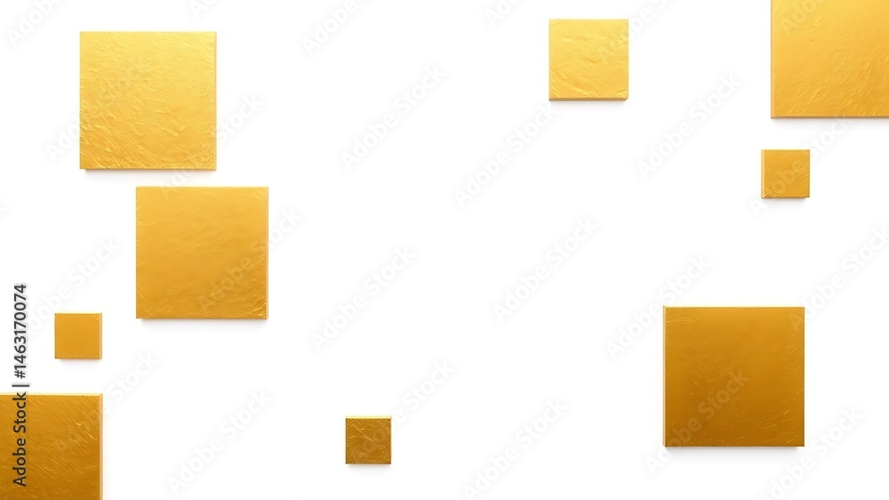 Abstract composition of golden square shapes scattered across a white background space. Abstract composition of golden square shapes scattered across a white background space.