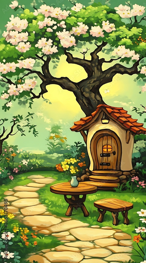 Fototapeta premium Enchanting fairy tale landscape, quaint home nestled beneath blossoming tree
