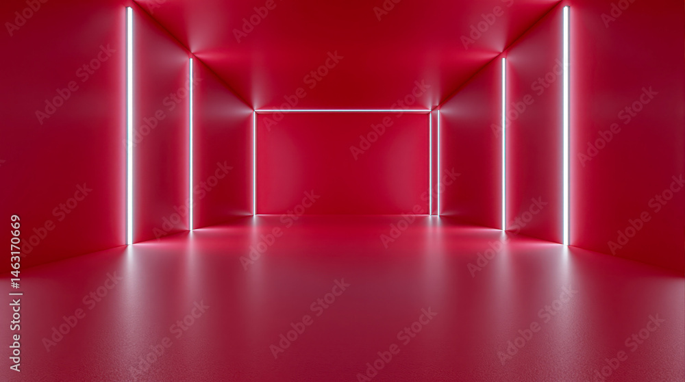 Obraz premium A stark red room is illuminated by vertical light strips creating a dramatic, enclosed space.