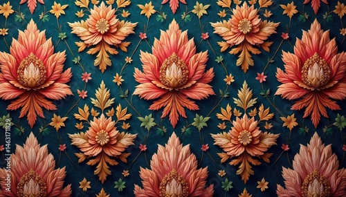 Opulent floral damask, rich color palette, vintage vibe, print, design element