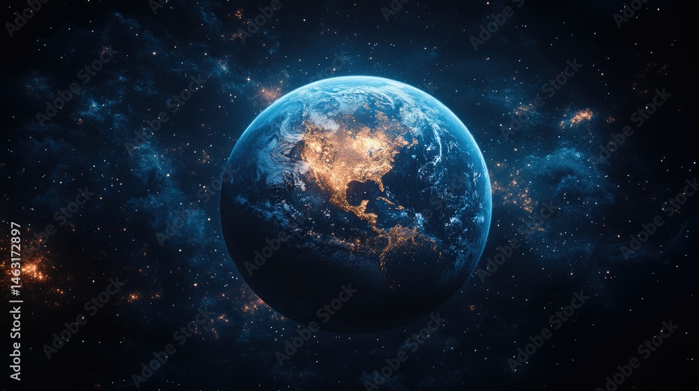 A vibrant depiction of Earth surrounded by a cosmic backdrop of stars and nebulae. A vibrant depiction of Earth surrounded by a cosmic backdrop of stars and nebulae.
