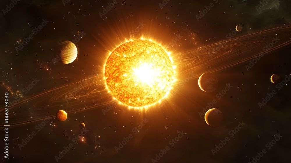 Obraz premium Solar System with Sun Flares: The solar system with intense solar flares erupting from the sun, casting light and shadows across the planets. 