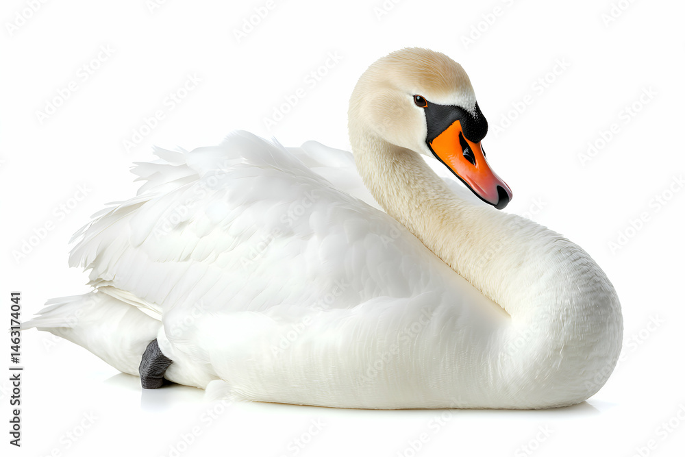 Majestic white swan elegantly posed against a pristine white background; perfect for elegant designs or nature-themed projects. Majestic white swan elegantly posed against a pristine white background; perfect for elegant designs or nature-themed projects.