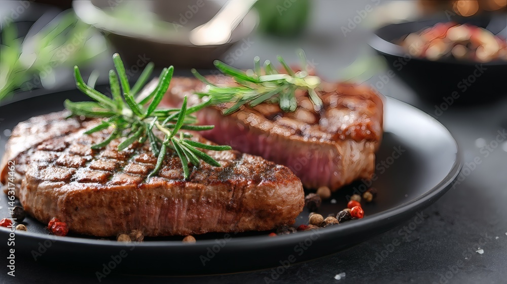 Grilled juicy steak meat on black plate with peppercorns and fresh rosemary branch Grilled juicy steak meat on black plate with peppercorns and fresh rosemary branch
