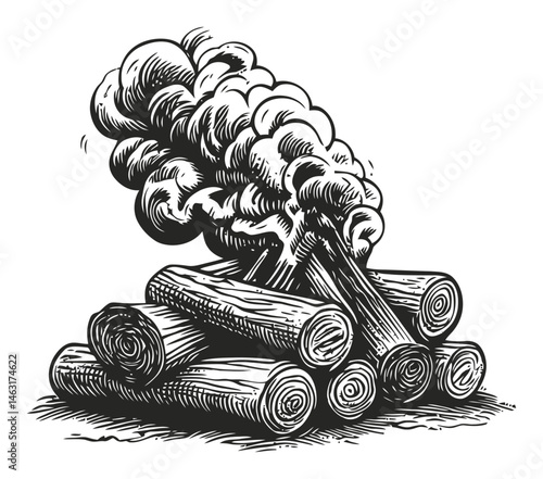 Vintage Engraving of Logs with Smoke for Woodworking and Nature Themes