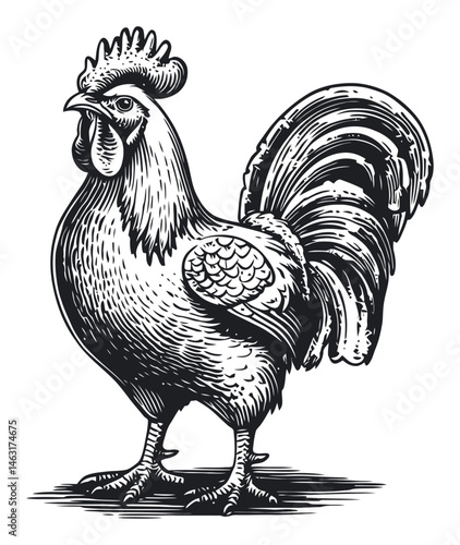 Vintage Engraving of a Strutting Rooster in Detailed Illustration