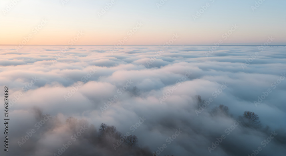 Obraz premium Majestic Aerial View Of Foggy Cloudscape With Morning Light Landscape