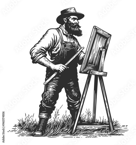 Vintage Engraving of a Bearded Artist Painting on an Easel