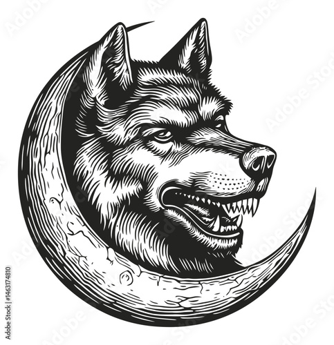 Detailed Wolf Head Illustration with Moon Design in Engraving Style