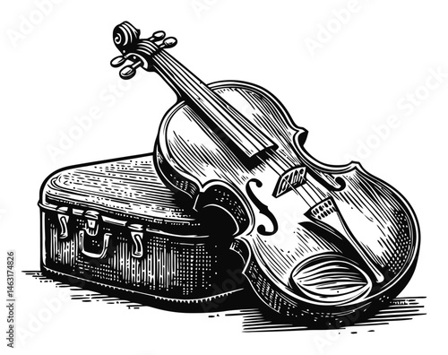 Detailed Vintage Engraving of a Violin Resting on Its Case
