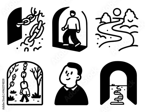 Black and white sketches showcasing various concepts of freedom and exploration