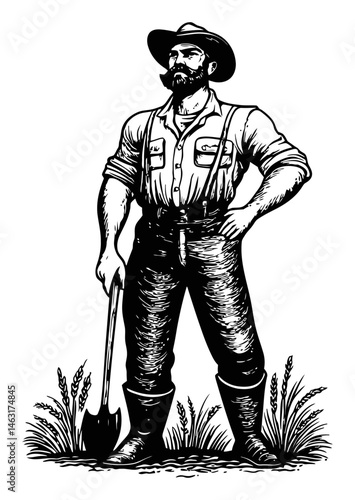 Vintage Engraving of a Farmer with a Shovel and Wheat Stalks