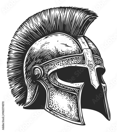 Detailed Engraving of a Classic Spartan Helmet Illustration Art