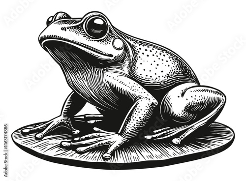 Detailed Engraving of a Realistic Frog Sitting on a Leaf