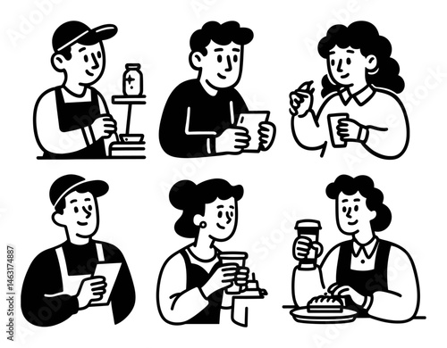 Black and White Doodle of People Engaging in Various Activities