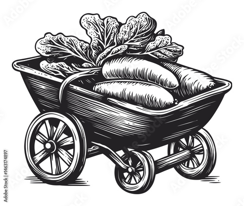 Vintage Engraving of a Wheelbarrow Filled with Fresh Vegetables