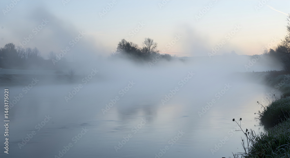 Enigmatic River Landscape With Mist Rising At Dawn Or Early Morning Enigmatic River Landscape With Mist Rising At Dawn Or Early Morning