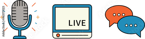 動画配信、ライブ映像のアイコンセットベクター