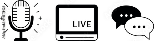 動画配信、ライブ映像のアイコンセットベクター