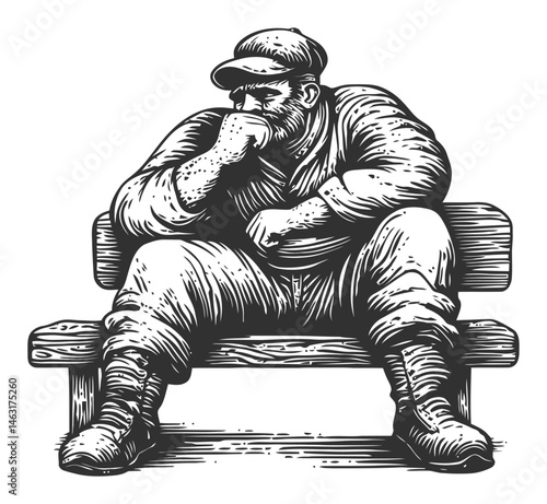 Thoughtful Man Sitting on Bench in Detailed Engraved Illustration