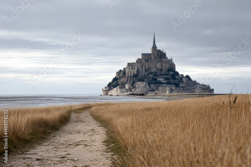 Mont SaintMichel view, Brown Grass Foreground Under Gray Cloudy Sky, Pilgrims on Path
