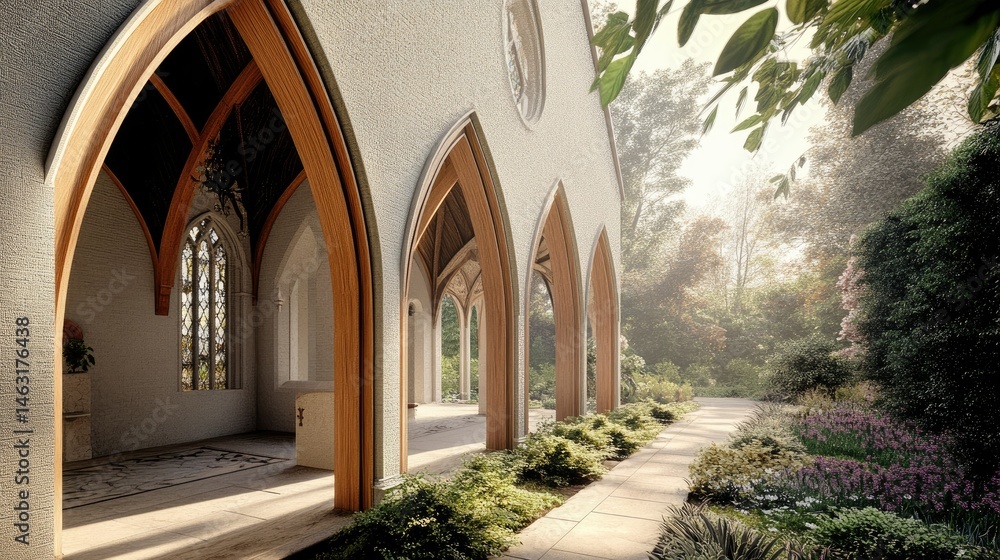 Fototapeta premium Serene Chapel Pathway: Architectural Serenity in a Tranquil Garden