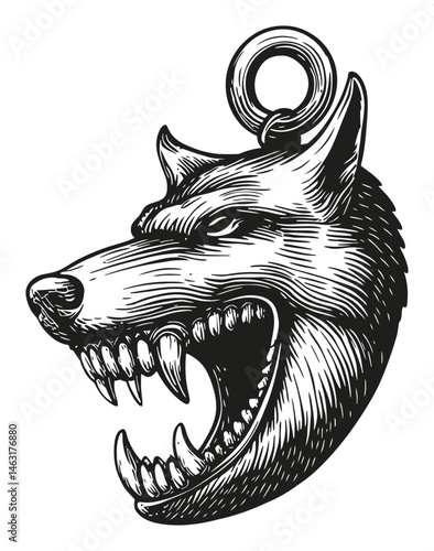 Detailed Engraving of a Fierce Wolf Head with Open Mouth Design