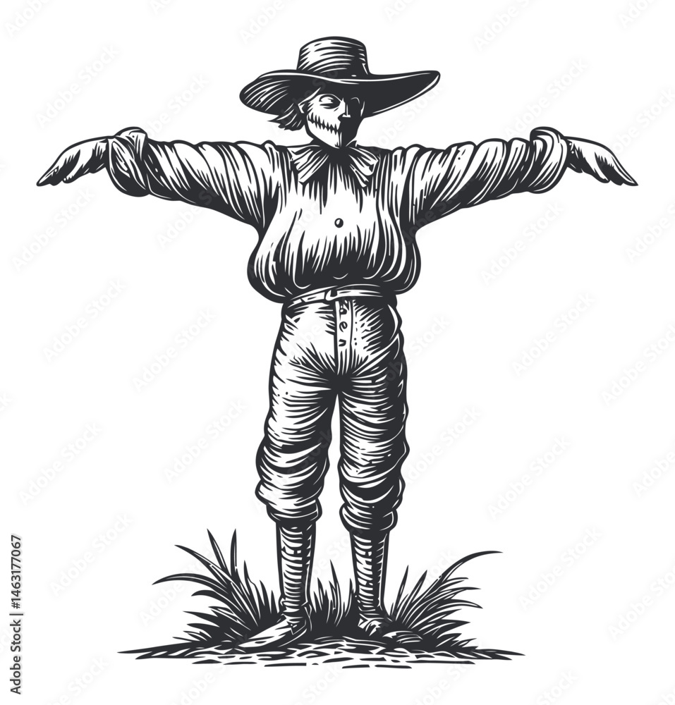 Obraz premium Vintage Engraved Illustration of a Scarecrow in a Field Scene