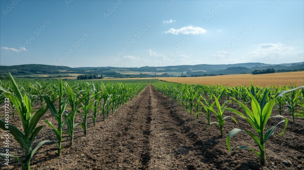 Fototapeta premium Rows of Corn Plants with Blue Sky and a Path Going Through Agricultural Field