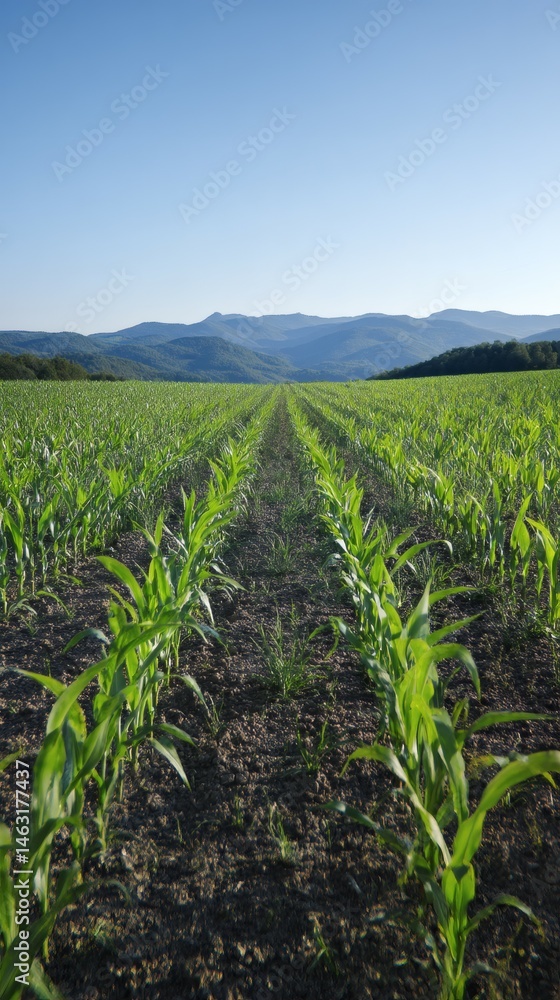 Naklejka premium Rows of Young Corn Plants in a Field with Hills and Clear Blue Sky View
