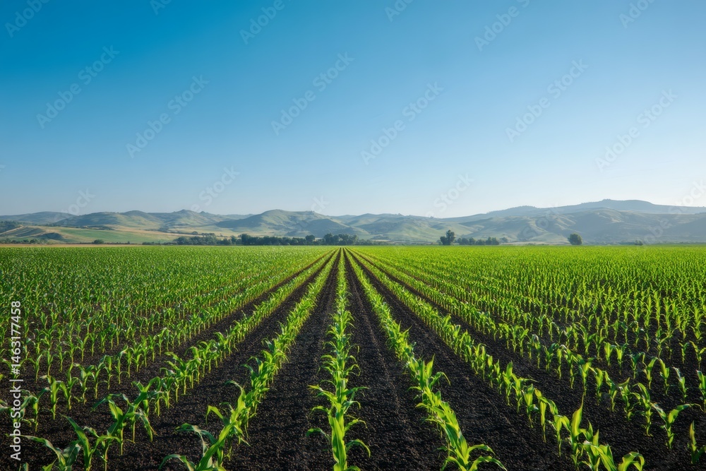 Rows of Young Corn Plants Sprouting in a Field Under a Bright Blue Sky, Rural landscape Rows of Young Corn Plants Sprouting in a Field Under a Bright Blue Sky, Rural landscape